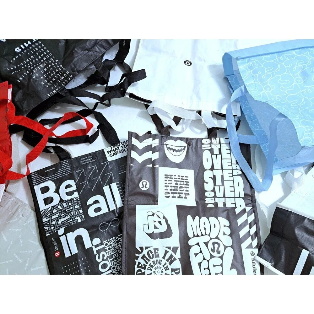 Lululemon Lot of 8 Reusable Shopping Tote Bags Medium Red Black White Blue